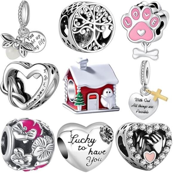 9 Pack Plated Silver Spacer Beads Charms - Picture 3 of 4